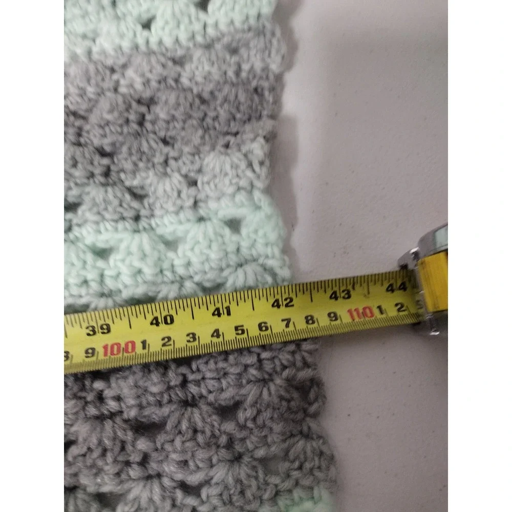 Handmade Crochet Baby Blanket Striped Grey Mint Green Shell Stitch 43x33 Throw